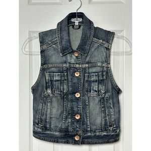Express Shrunken Cropped Blue Jean Denim Vest Medium Wash Women's XS Button Up